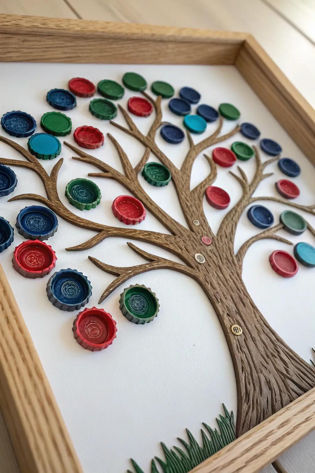 Transform your space with this vibrant 'Tree of Life' bottle cap art, where simplicity meets bold craftsmanship.
