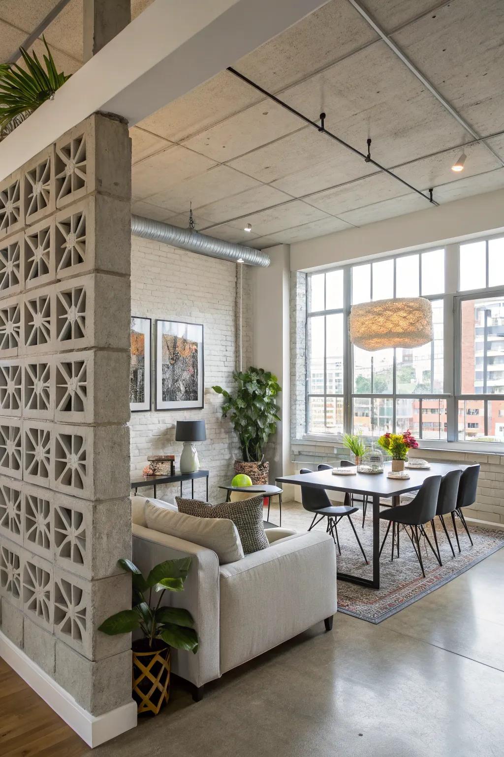 A chic room divider made from breeze blocks in a loft apartment.