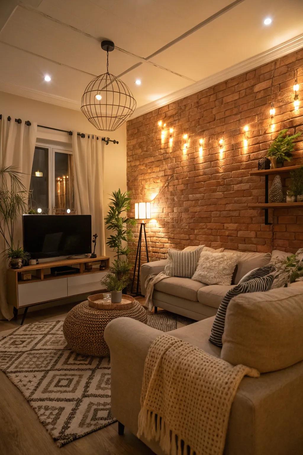 Soft lighting accentuates the beauty of this brick wall.