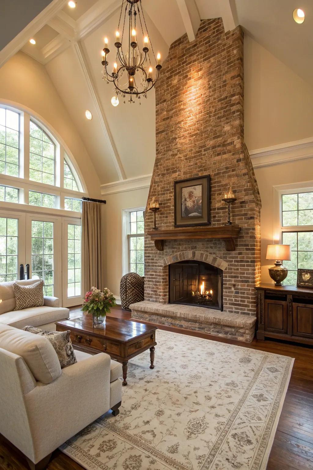 Dramatic floor-to-ceiling brick fireplace.