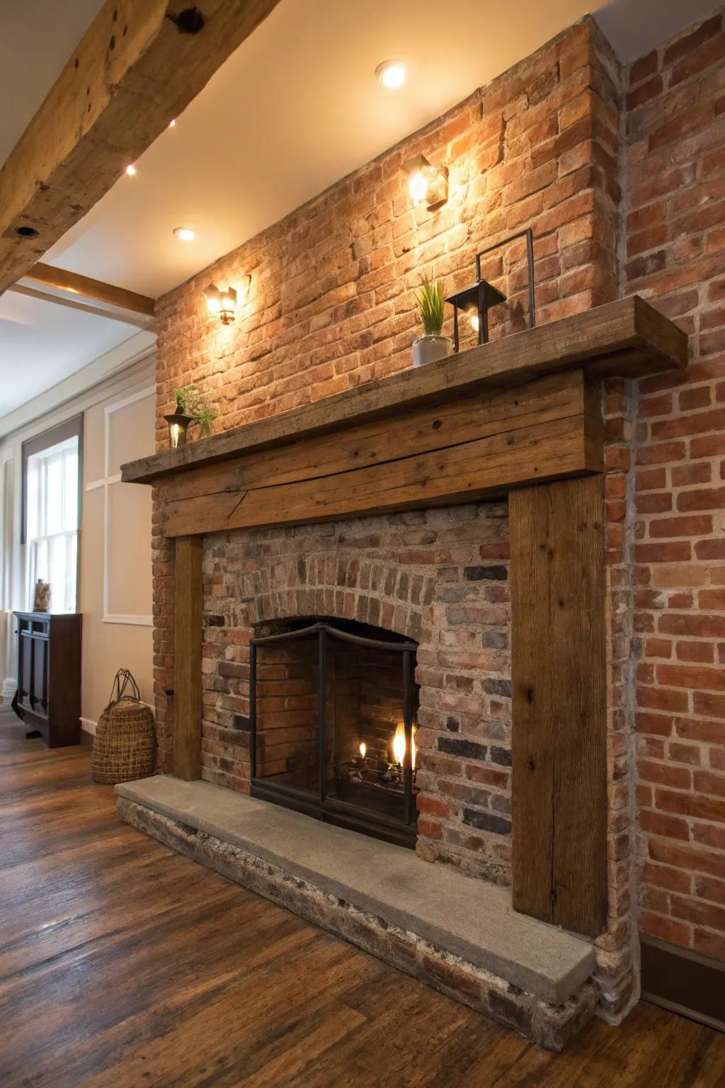 A rustic fireplace with a reclaimed wood mantel enhances the cozy atmosphere of the room.