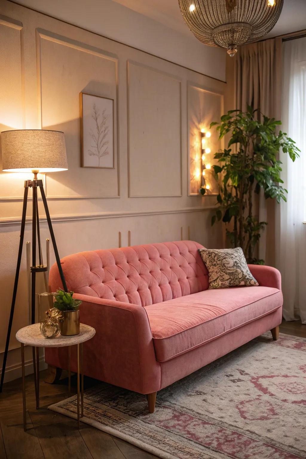 A pink sofa brings warmth and playfulness into the home.