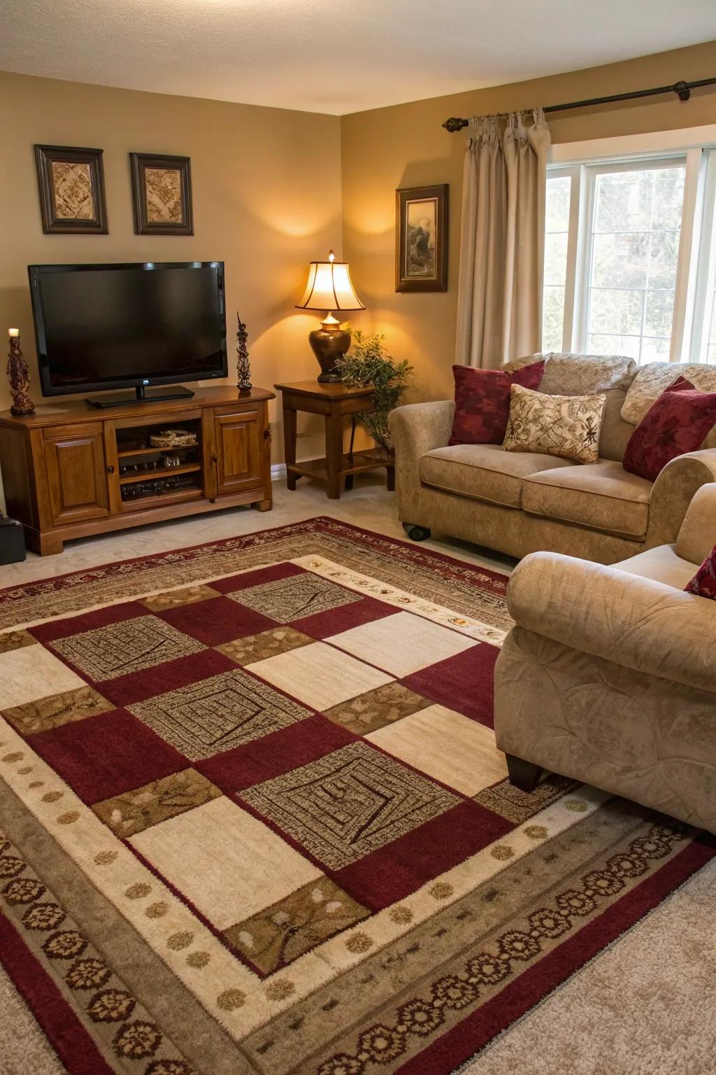 Layered rugs add depth and warmth to a living space.