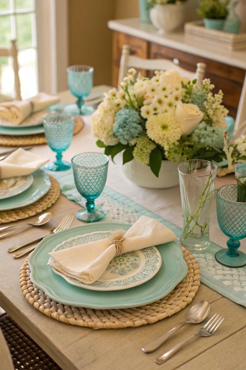 A brunch table featuring aqua and cream themed place settings.