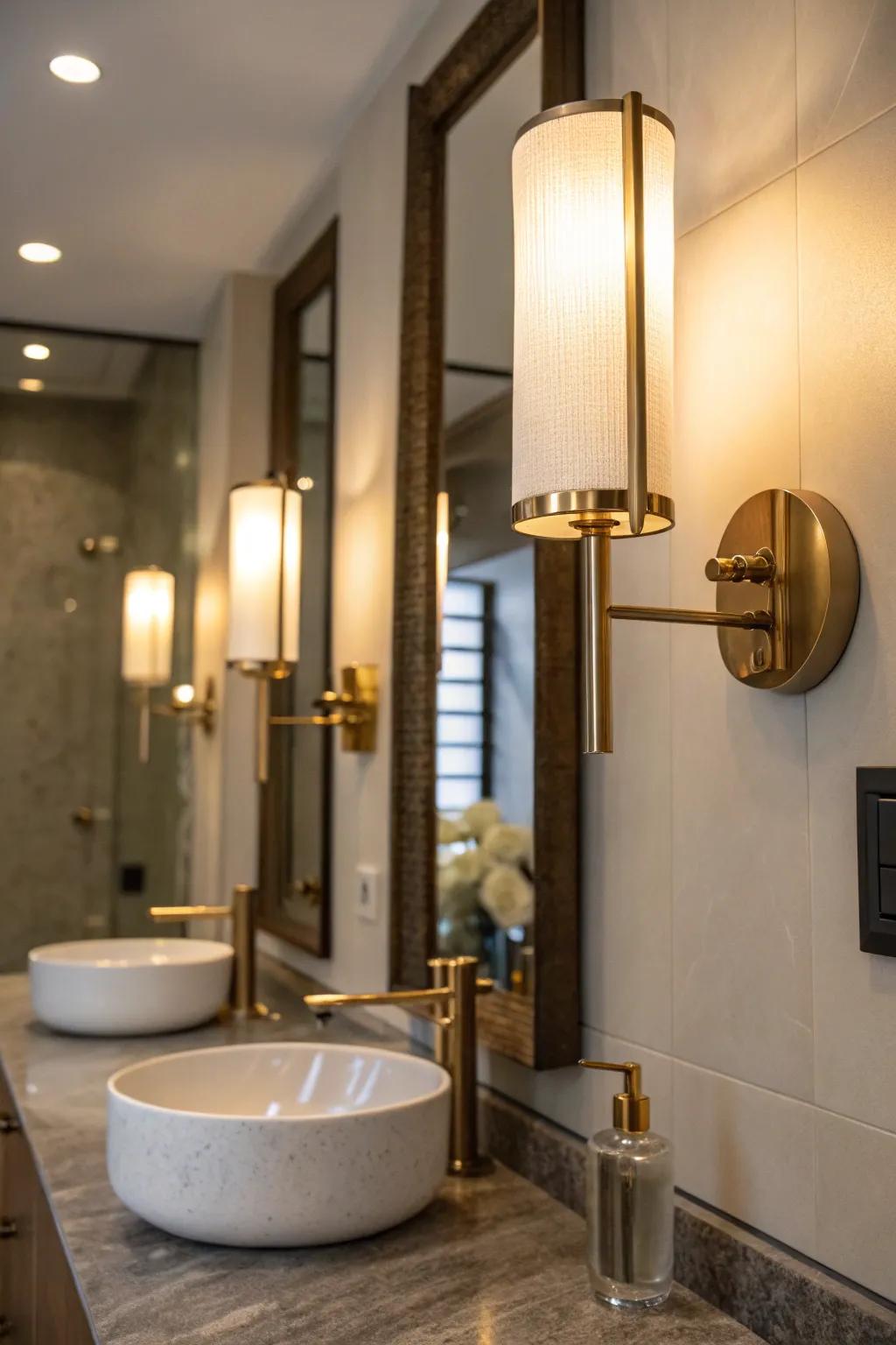 Brushed brass wall sconces that add warmth and sophistication to the bathroom.