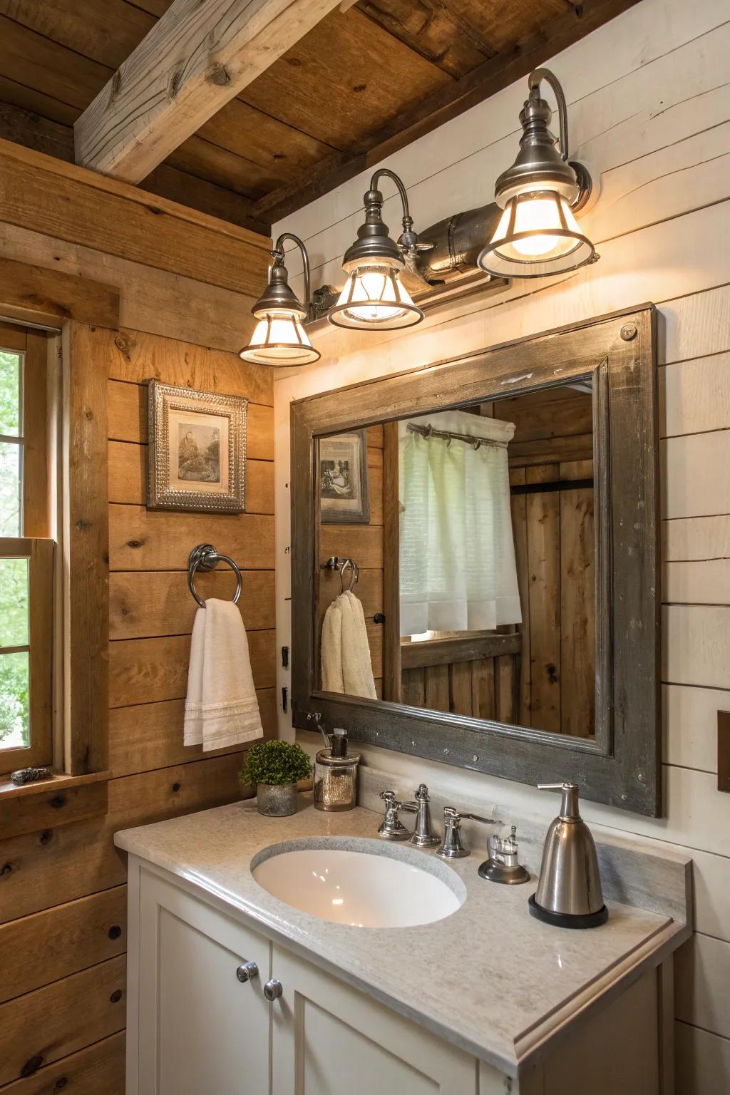 Farmhouse style brushed nickel lighting with rustic elements above a bathroom mirror.