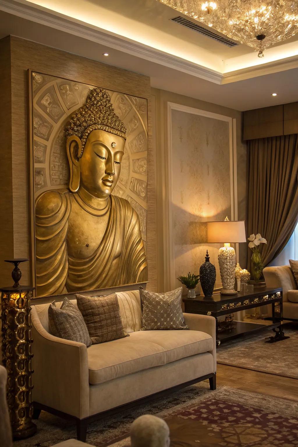 This golden Buddha painting brings opulence and warmth to a luxurious living room.