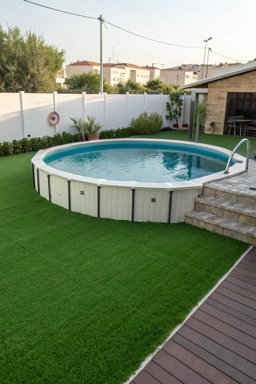 Artificial turf offers a lush and maintenance-free alternative for poolside comfort.