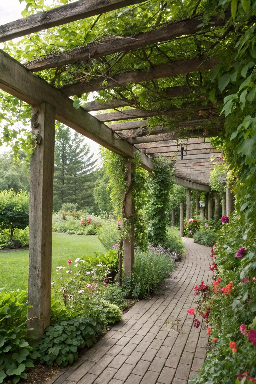 Pergolas with vines merge structure and natural beauty.