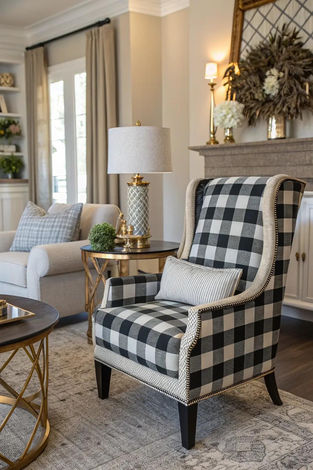 A buffalo plaid upholstered chair makes a bold statement.