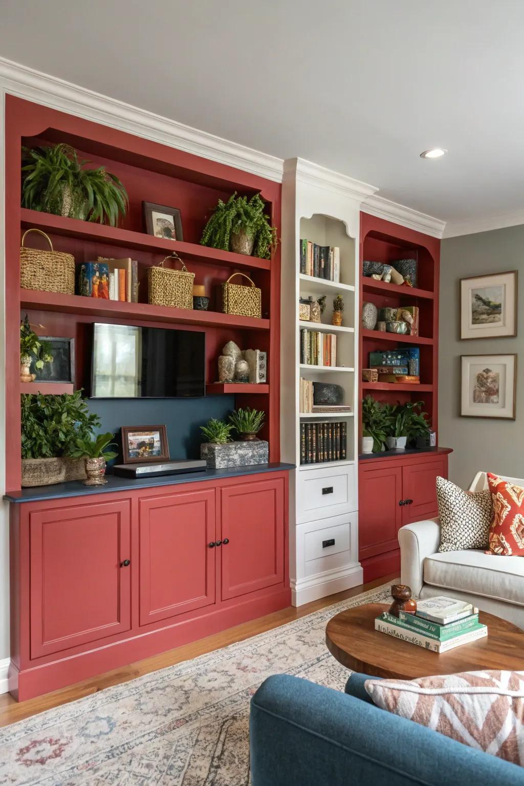 A bold color on your built-ins can set the tone for the entire room.