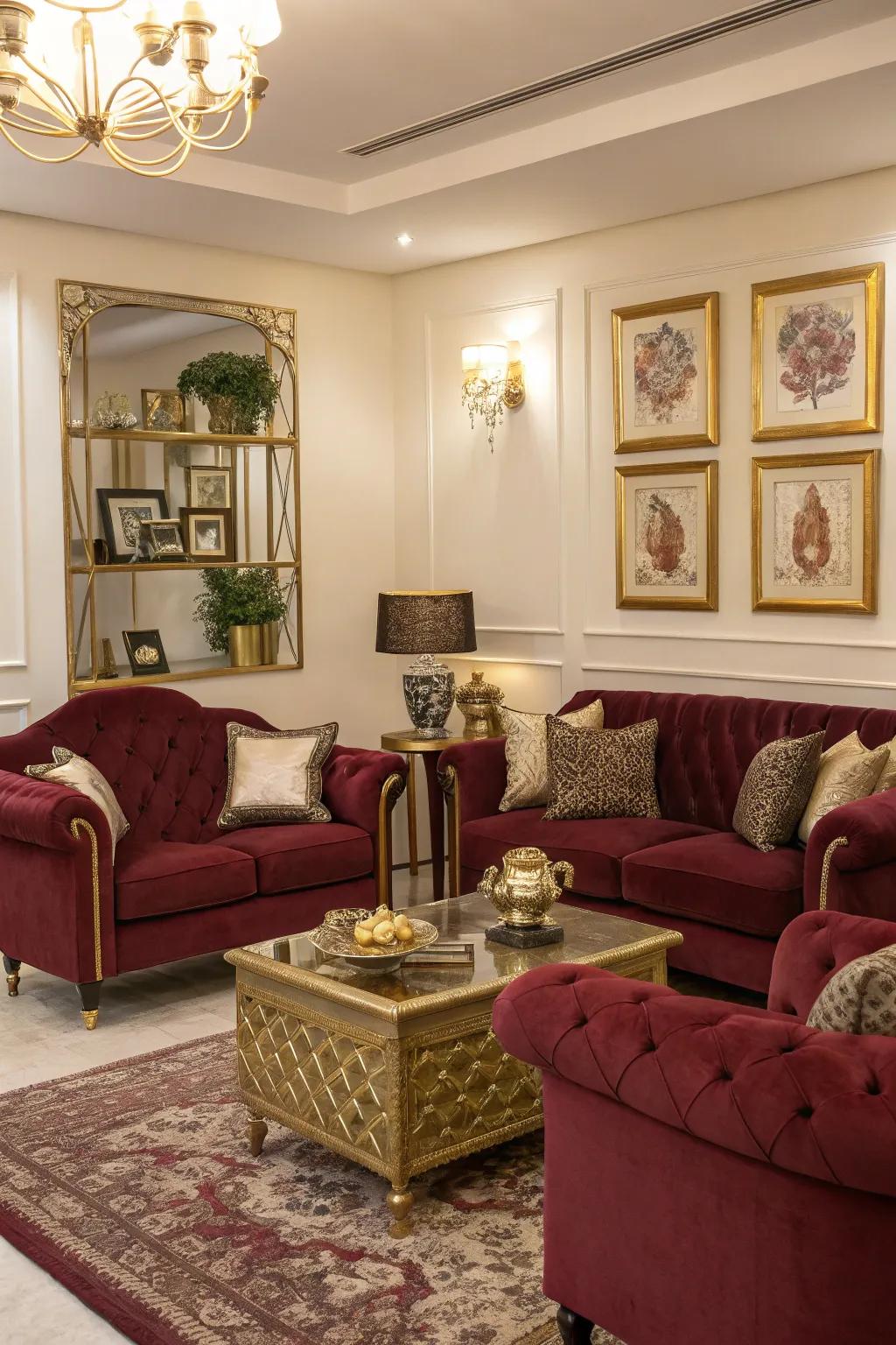 Gold accents elevate the elegance of this burgundy space.