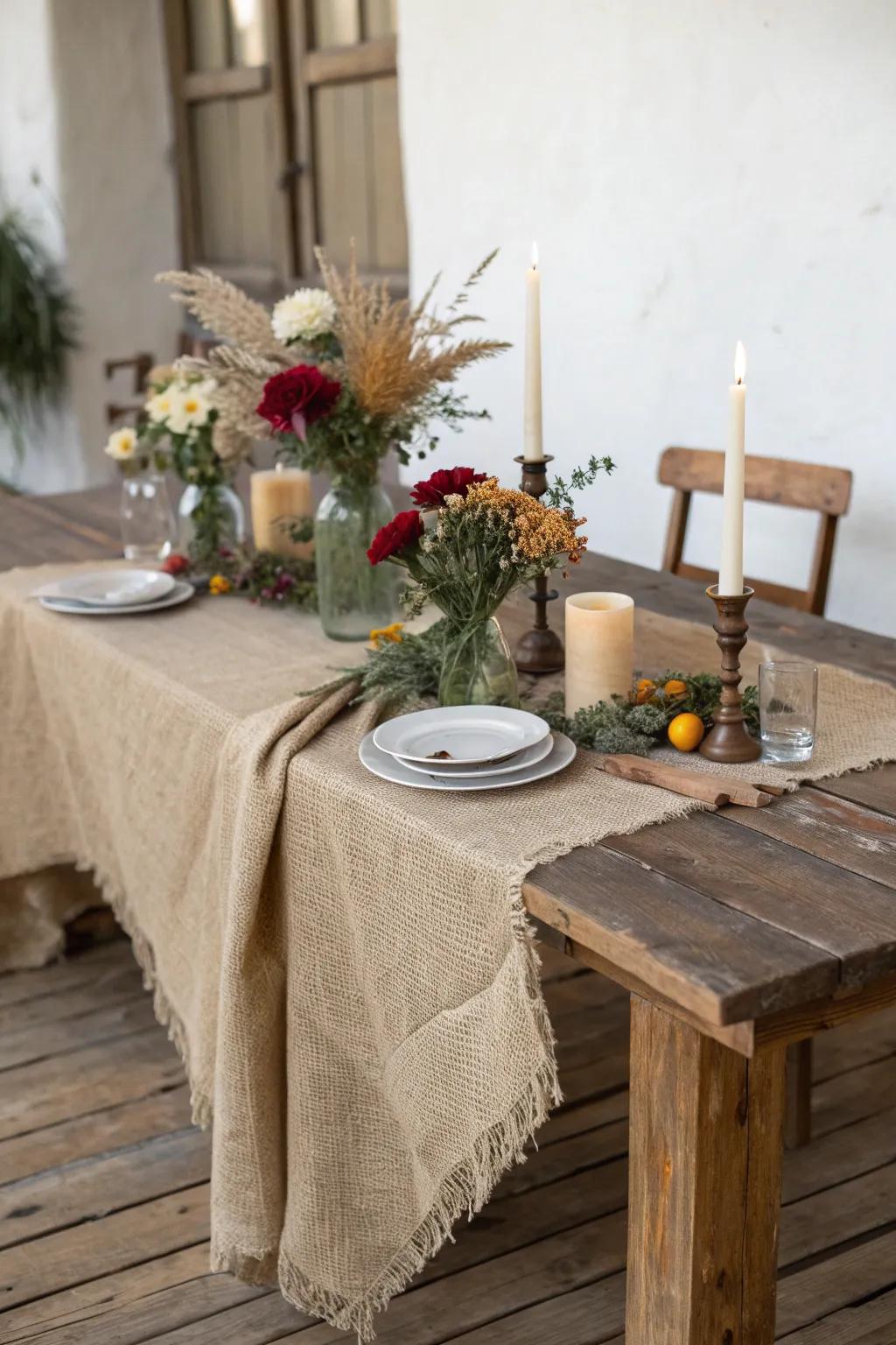 Create rustic wedding vibes with the simple elegance of burlap tablecloths, candlelight, and floral charm.
