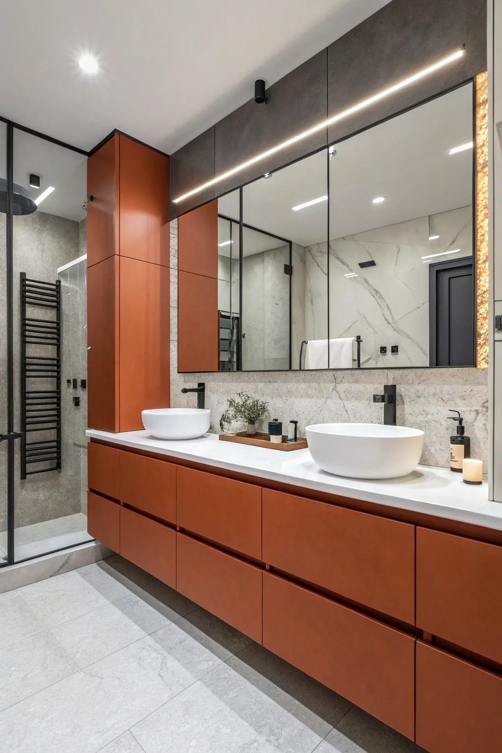 Burnt orange cabinets add depth and character to this modern bathroom.