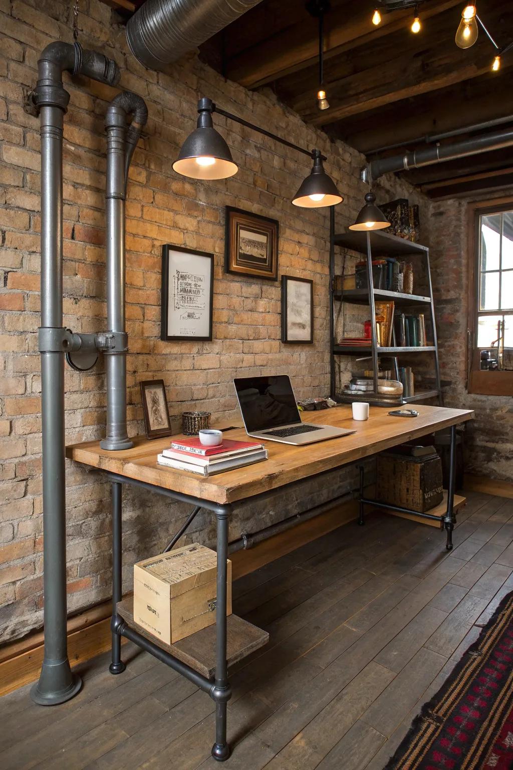 A rustic butcher block desk with industrial-style legs.