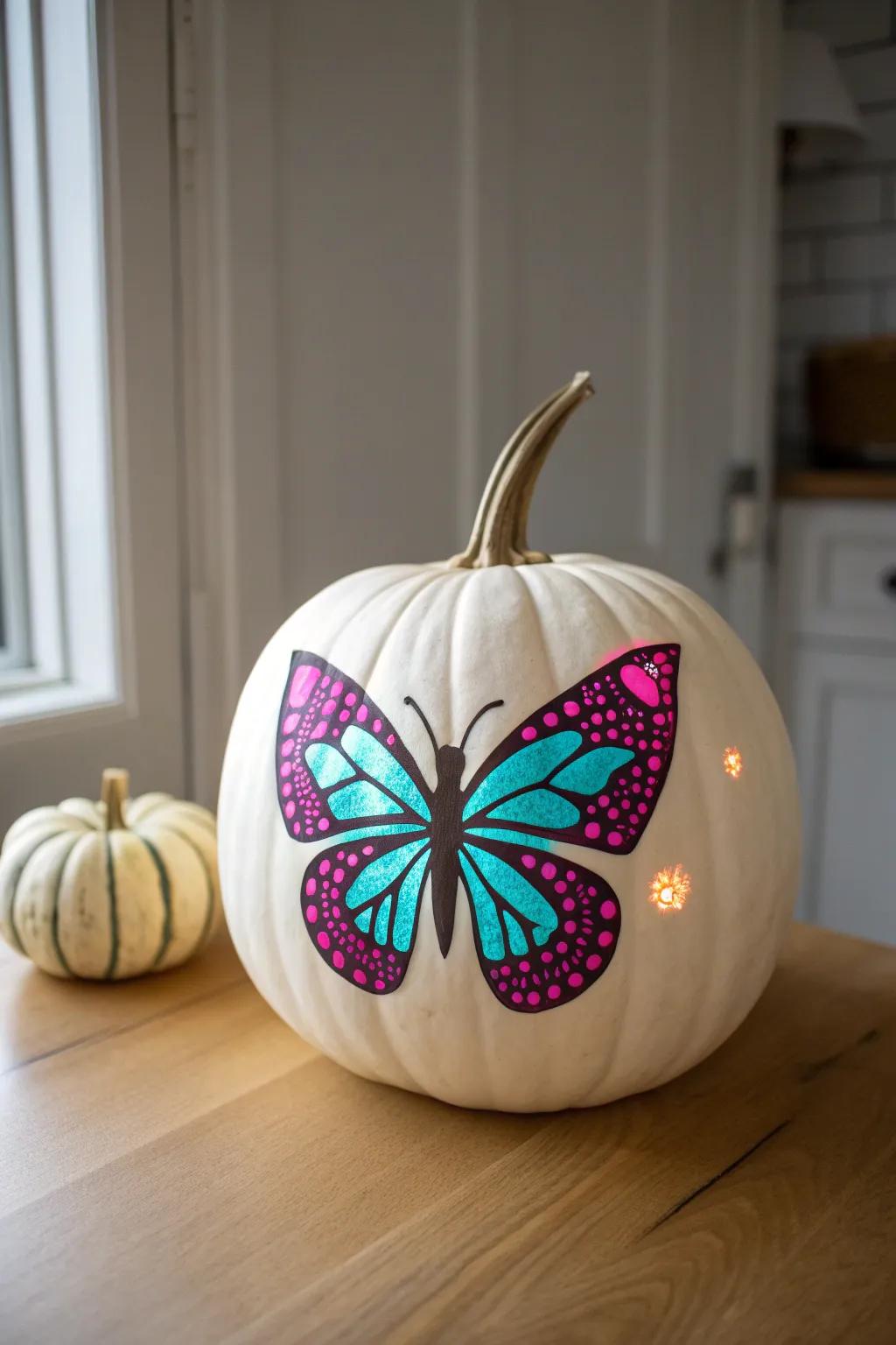 Illuminate your autumn nights with a touch of whimsy using glow-in-the-dark butterfly art on your pumpkin. Perfect for a cozy, minimalist setting!