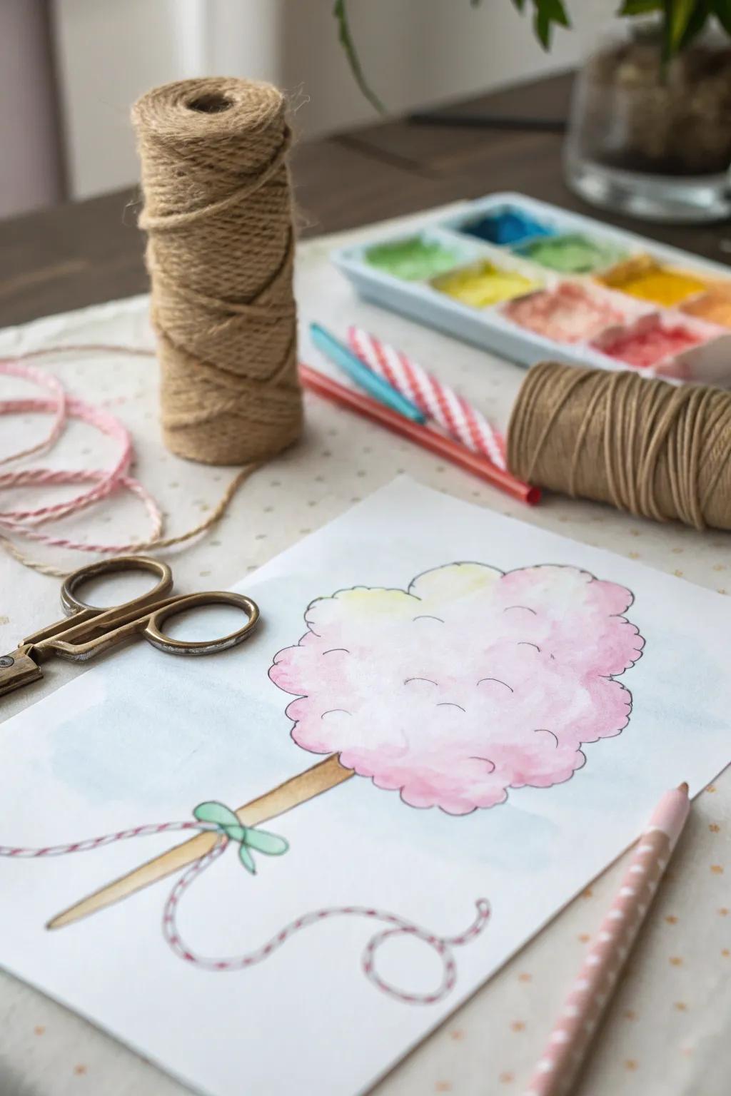 A whimsical cotton candy drawing perfect for creative gift tags.