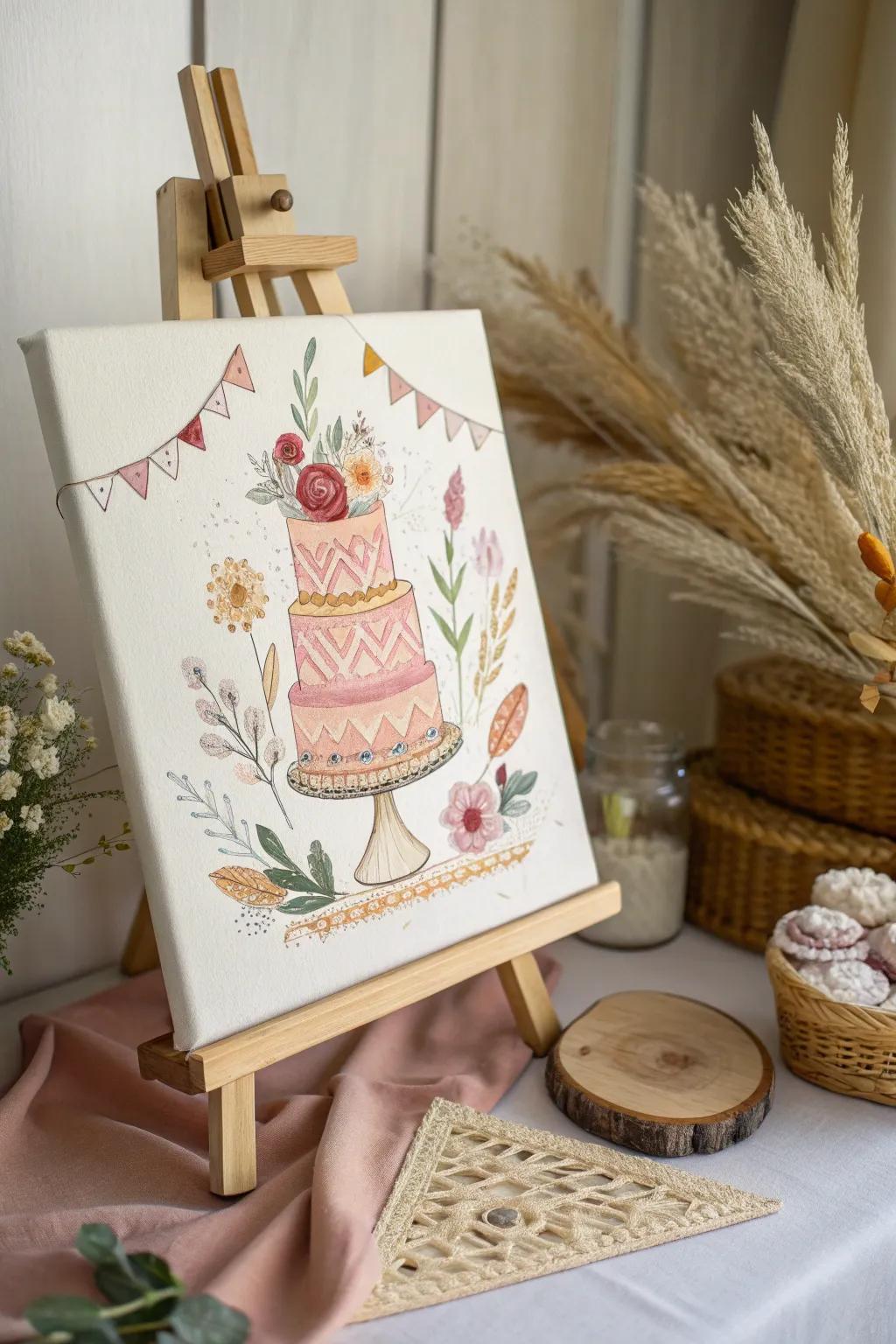 Celebrate with Art: A Whimsical Birthday Cake on Canvas for a Touch of Boho Charm