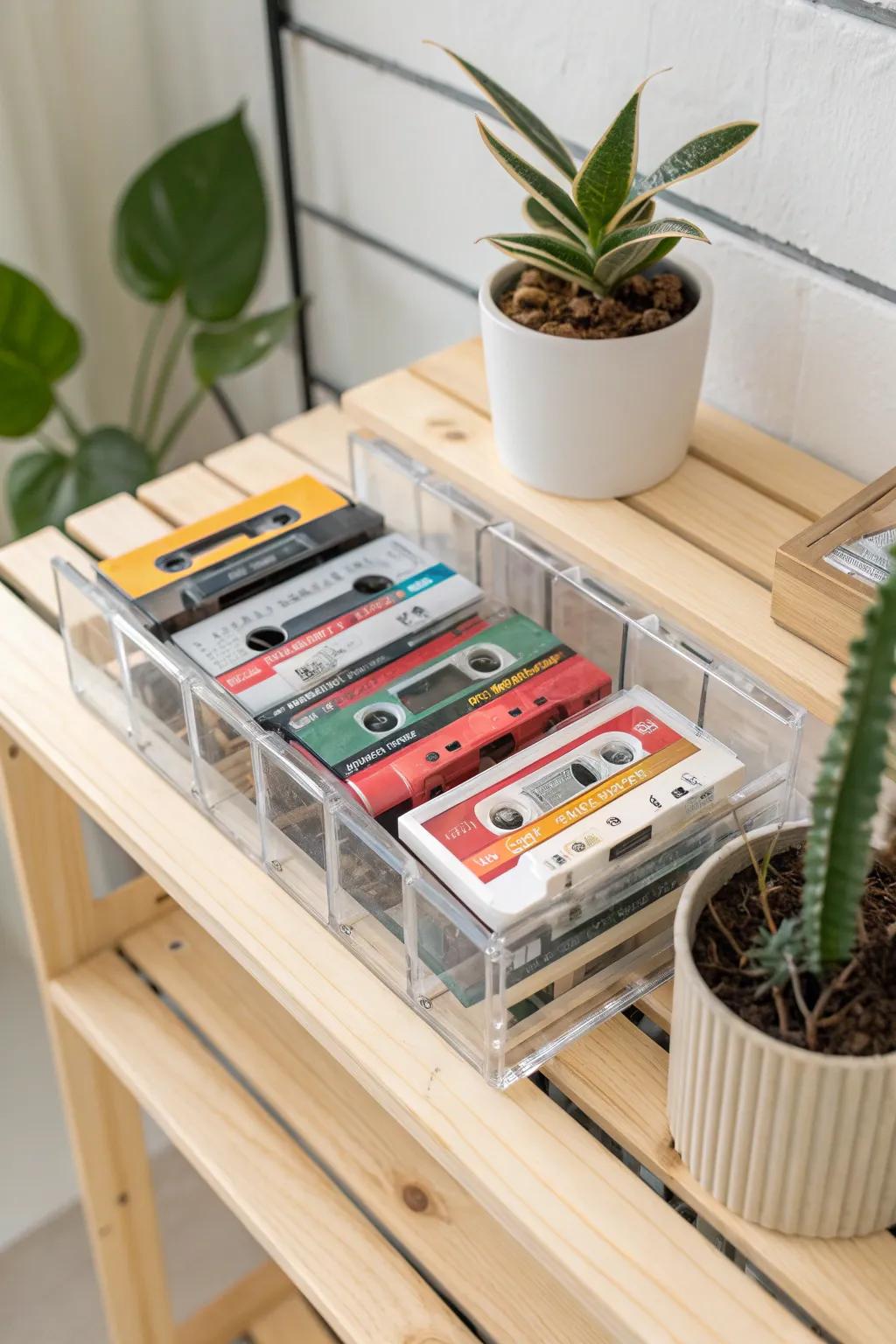 Elevate your space with a chic acrylic cassette organizer - where modern meets nostalgic charm.