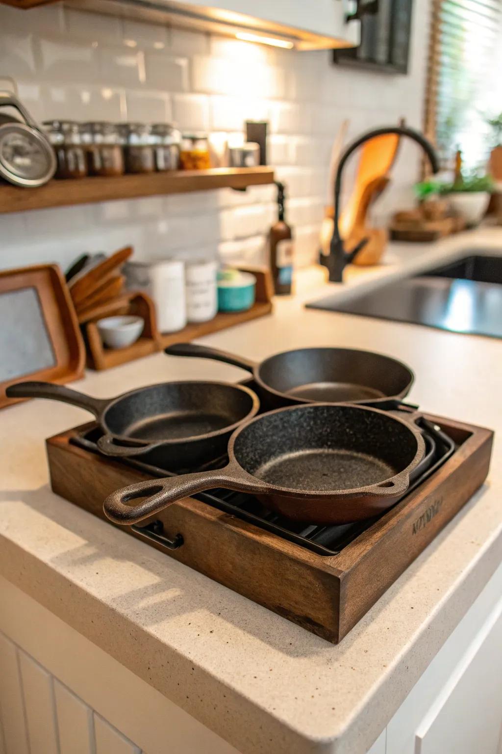 A practical countertop organizer for cast iron cookware.