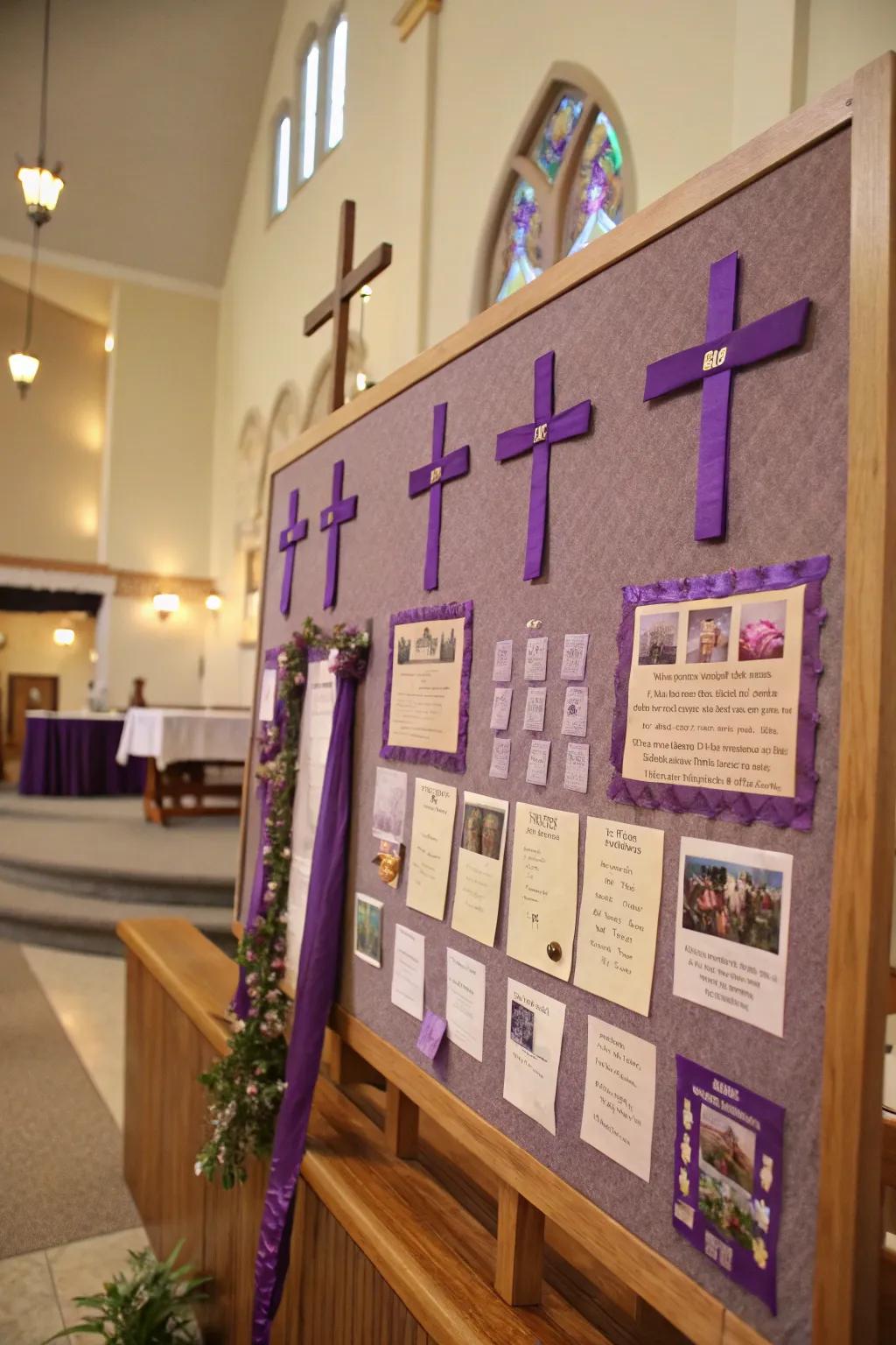 A Lent-themed bulletin board reflecting the church's liturgical calendar.