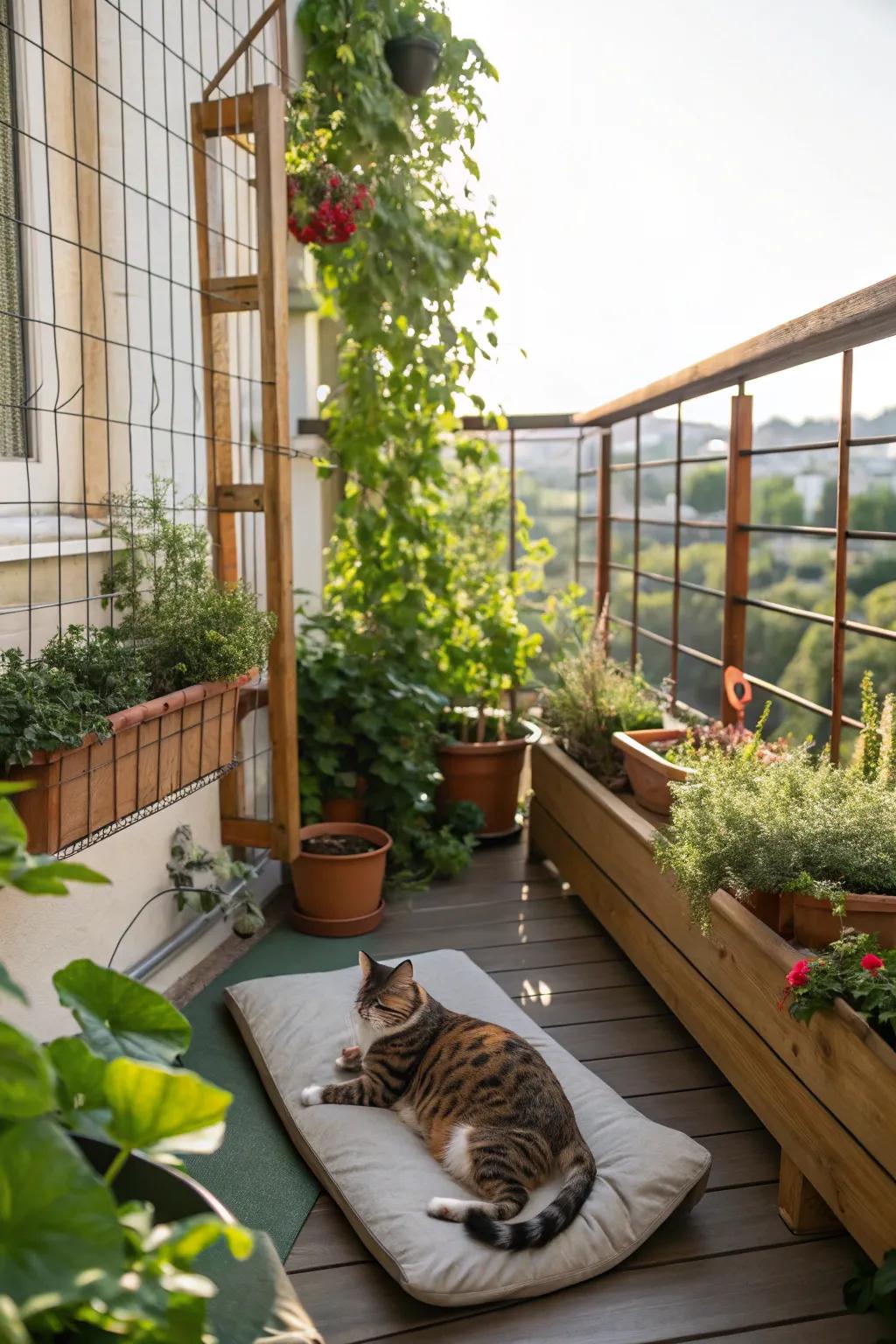 A balcony catio with plants and a cat lounging in the sun.