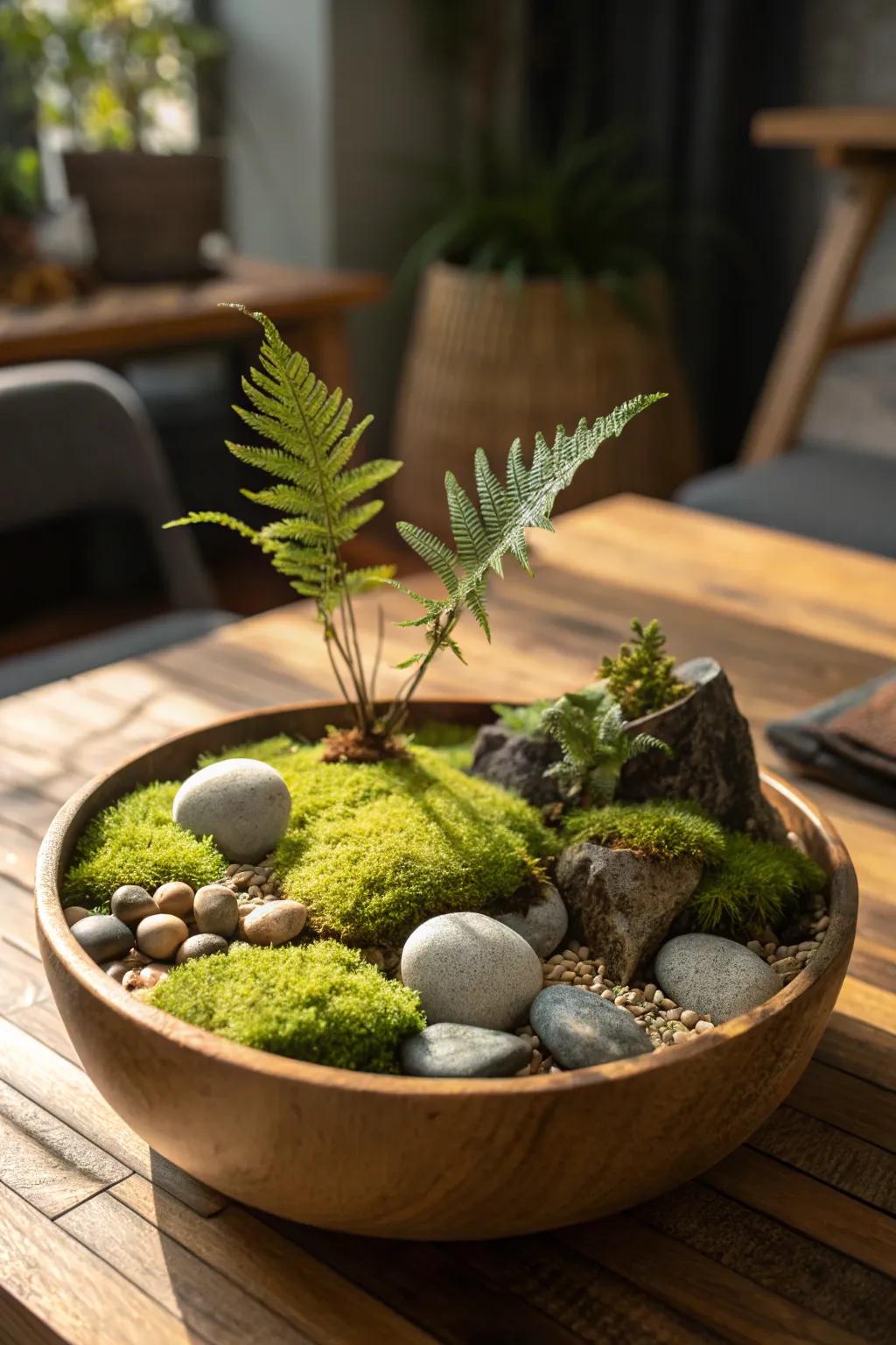 Bring nature's elegance indoors with a handcrafted rock and moss centerpiece.