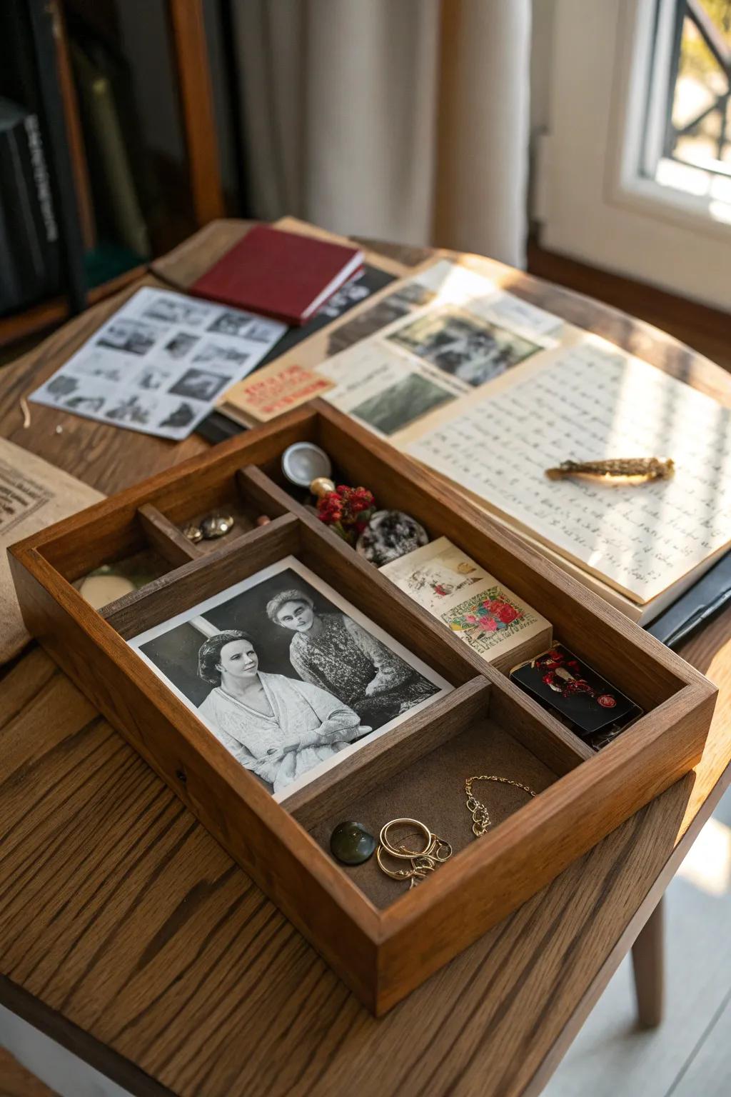 A shadow box filled with cherished keepsakes.