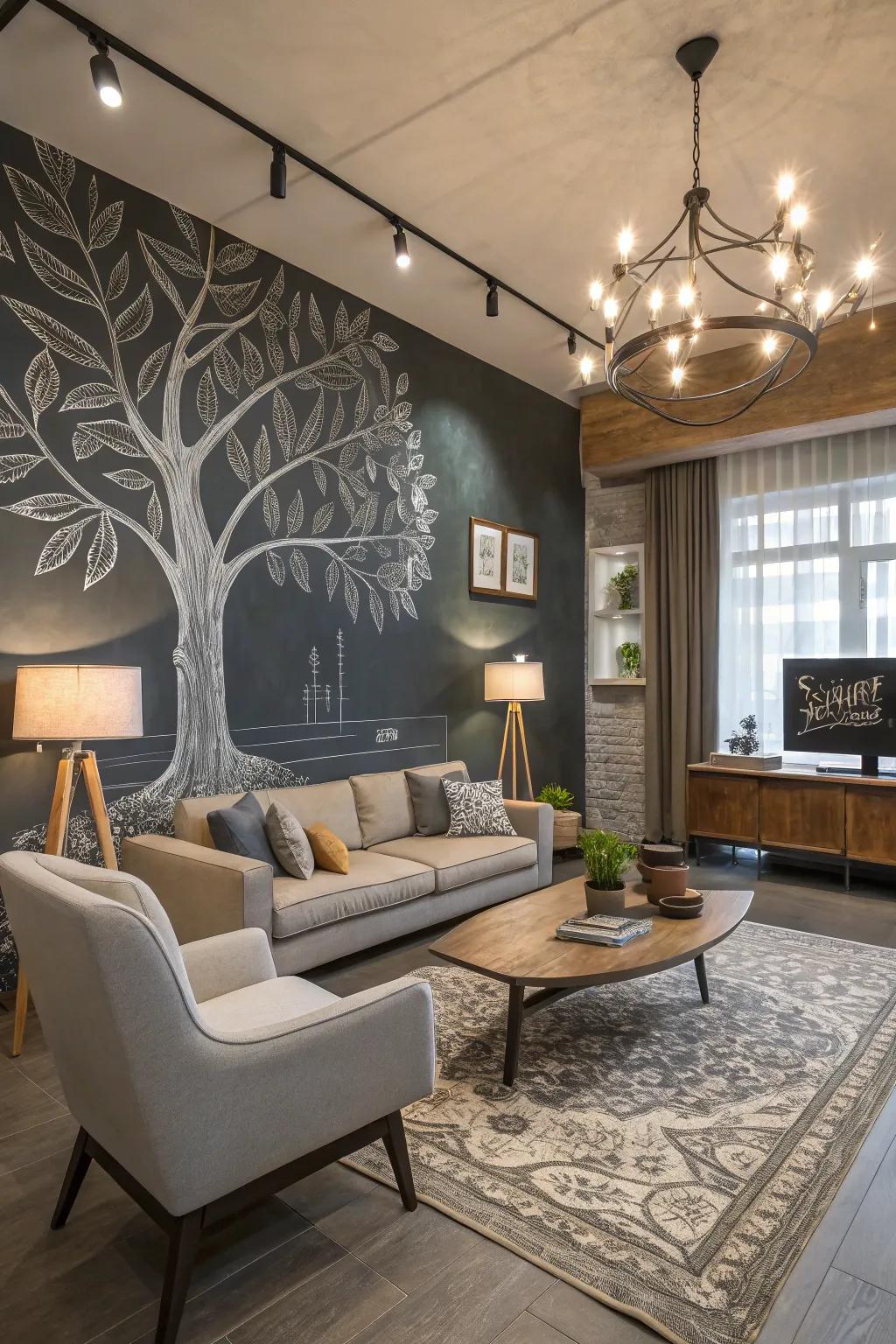 A chalk paint mural transforms a living room into an artistic statement.