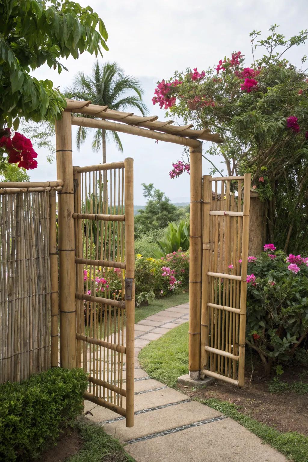 A tropical-themed garden gate made from bamboo screens, offering a serene entrance.