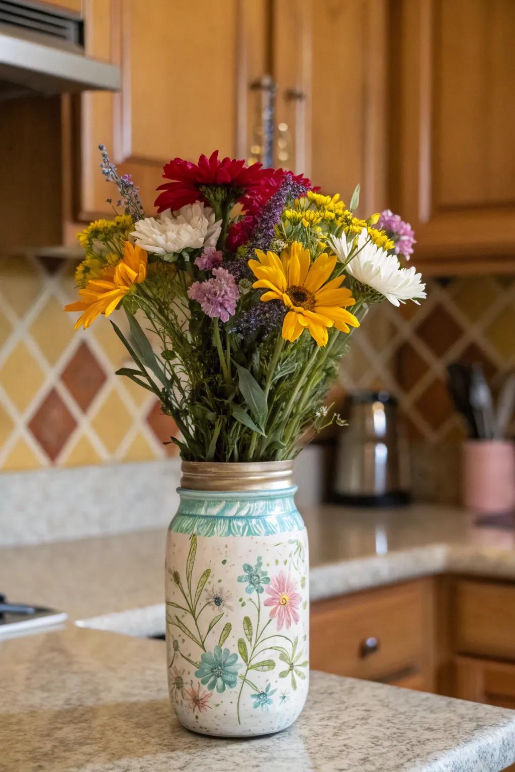 Mason jars turned vases add charm and color to any room.