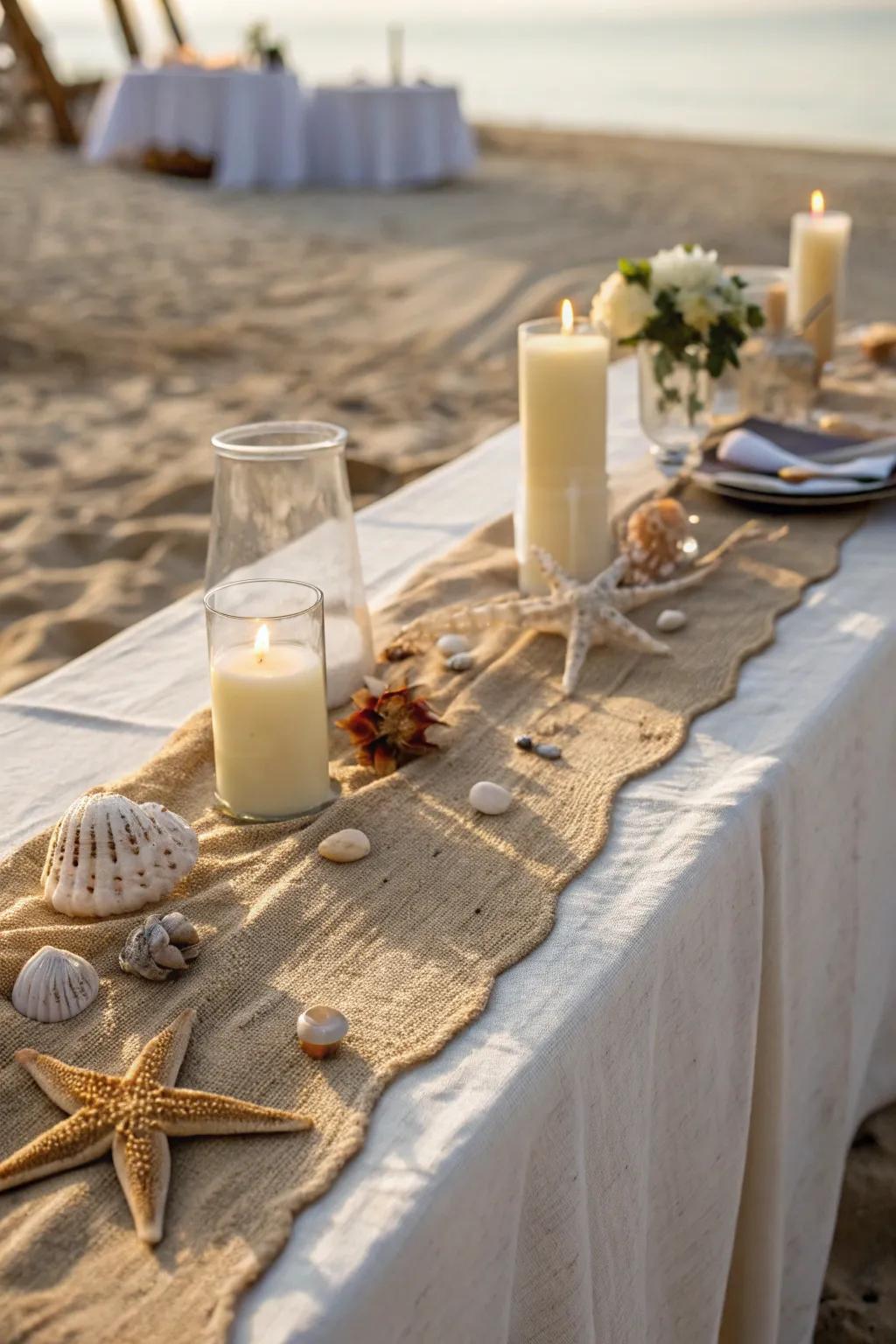 Beachy vibes with a sand-colored cheesecloth runner.