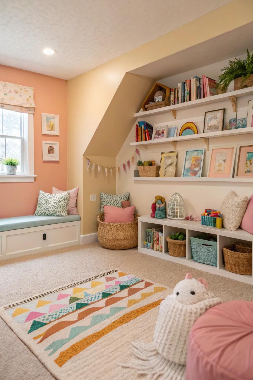 A cozy playroom with a carpet that offers comfort and noise reduction.