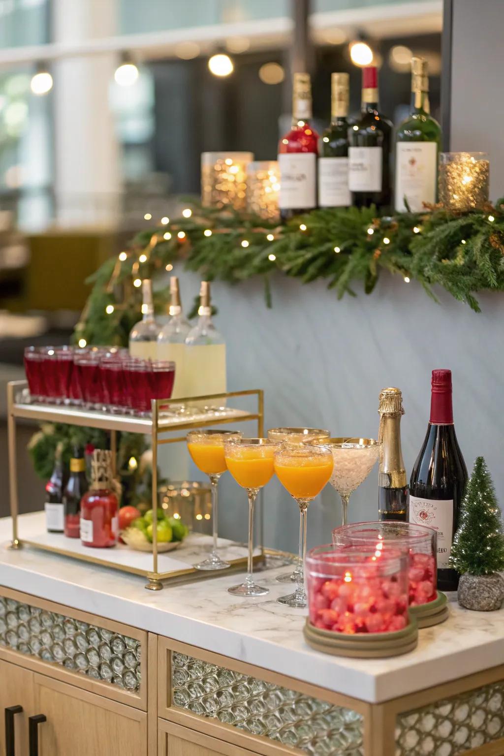 A themed beverage station adds a festive touch to your Christmas buffet.