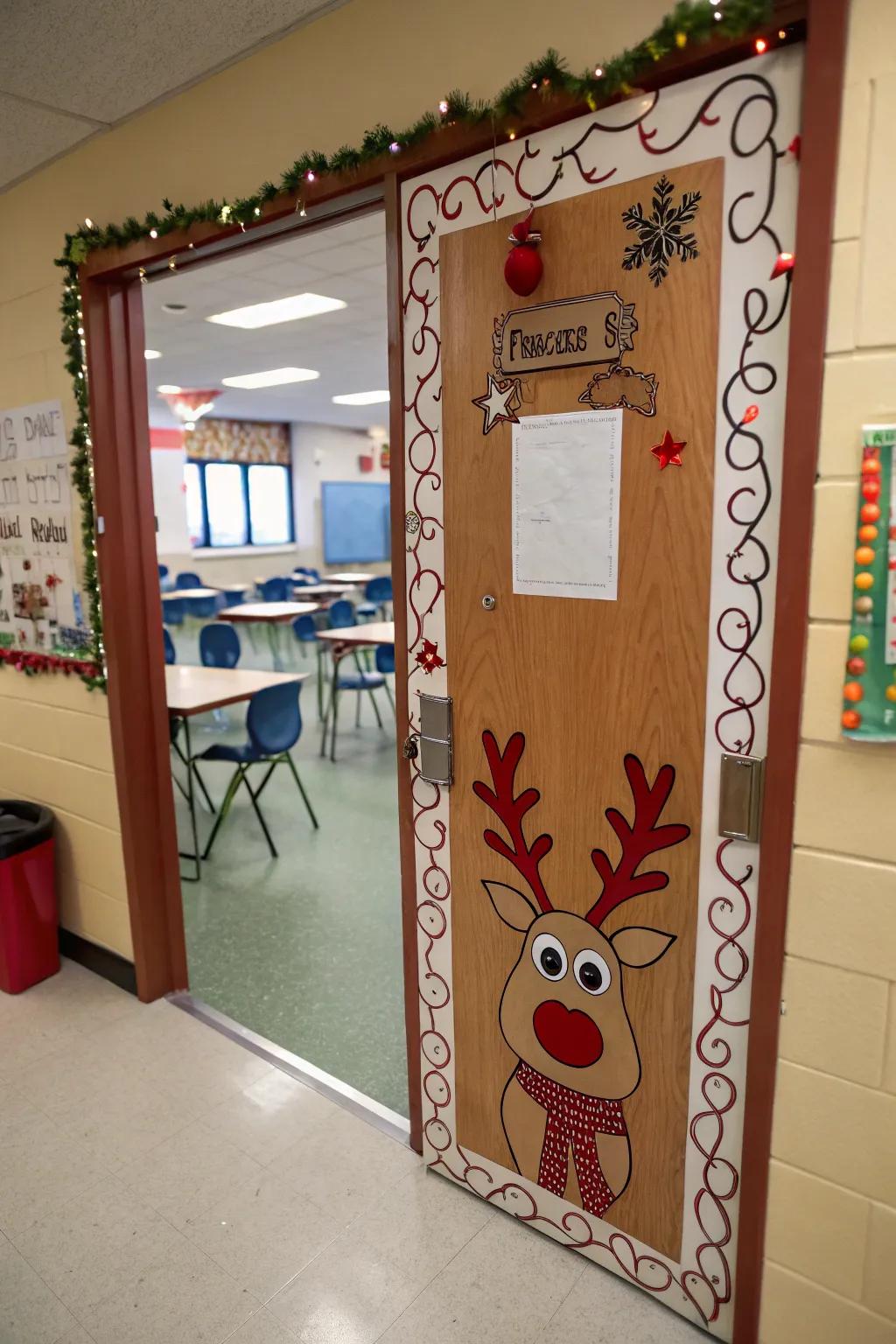 A festive reindeer stable greets students.