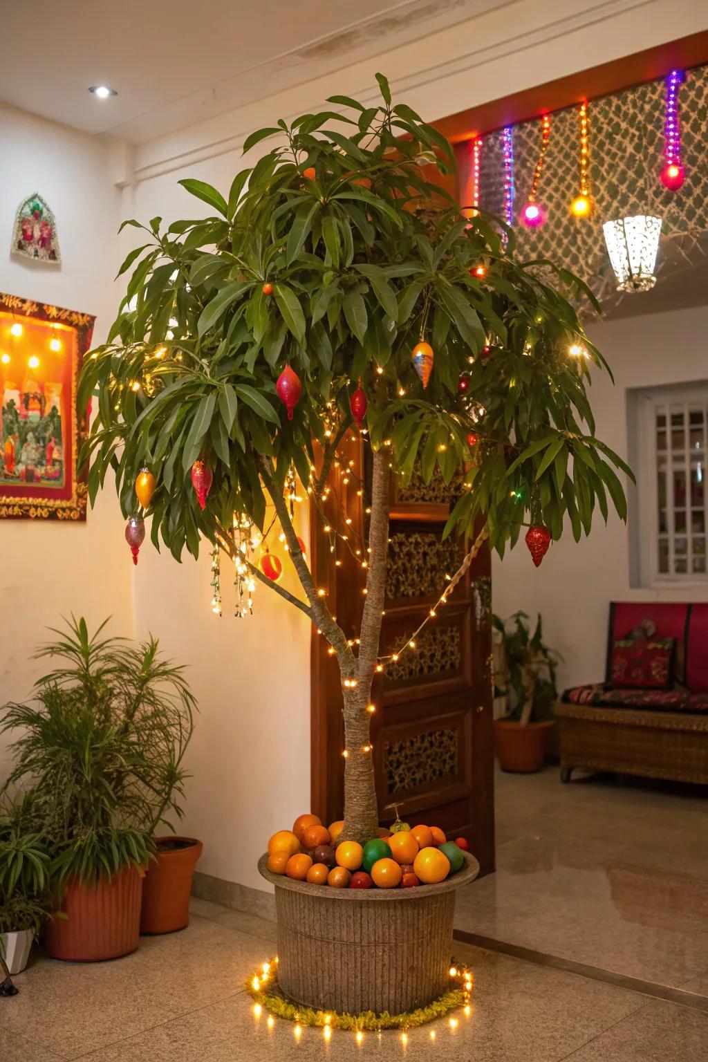 A tropical take on Christmas with mango and banana trees, as celebrated in India.