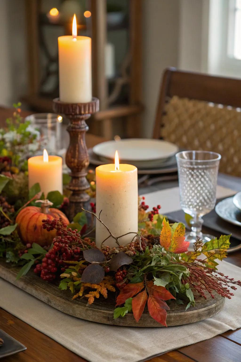 Candles and foliage create an elegant and inviting holiday centerpiece.