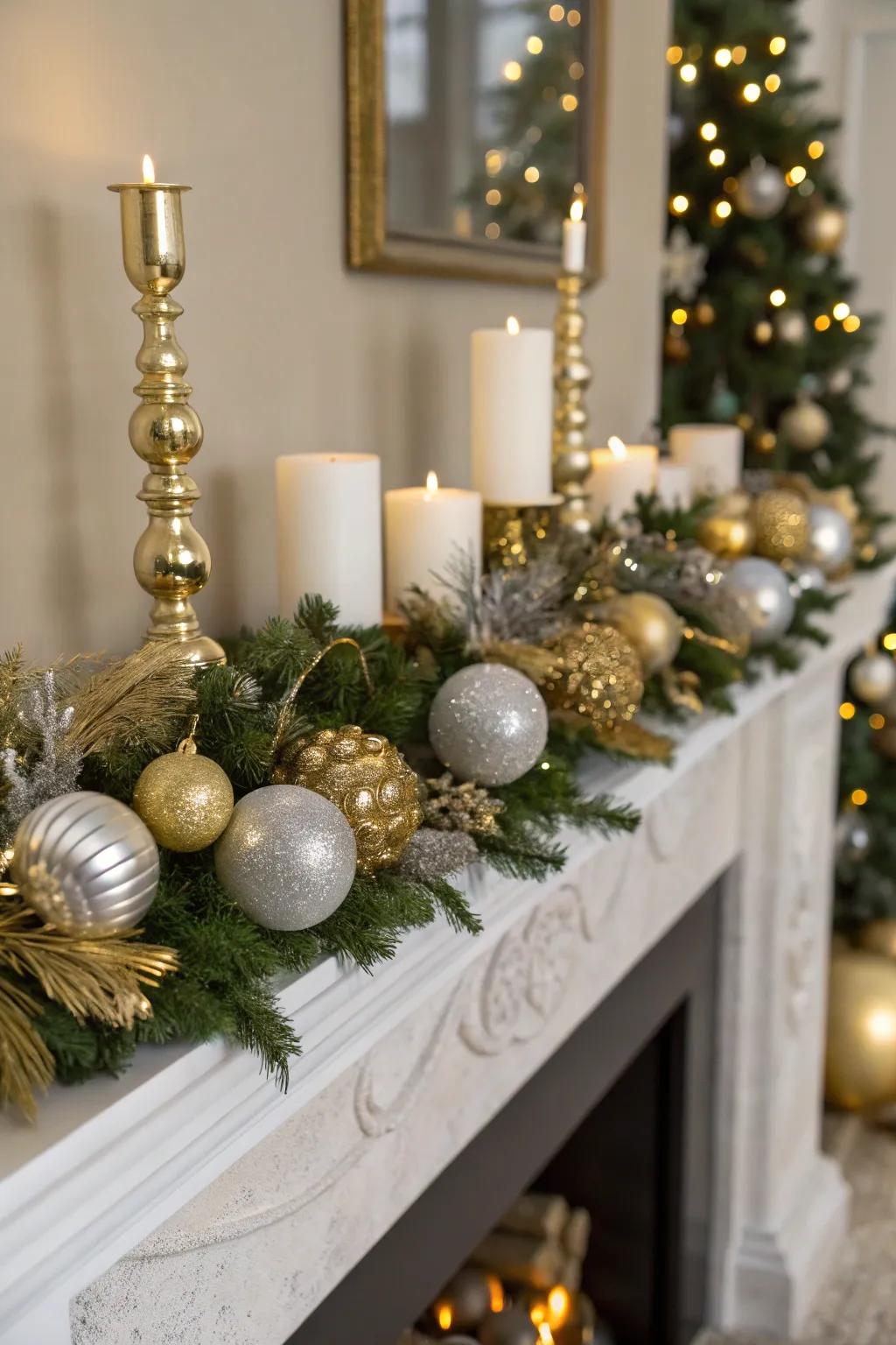 A chic metallic-themed Christmas mantel.