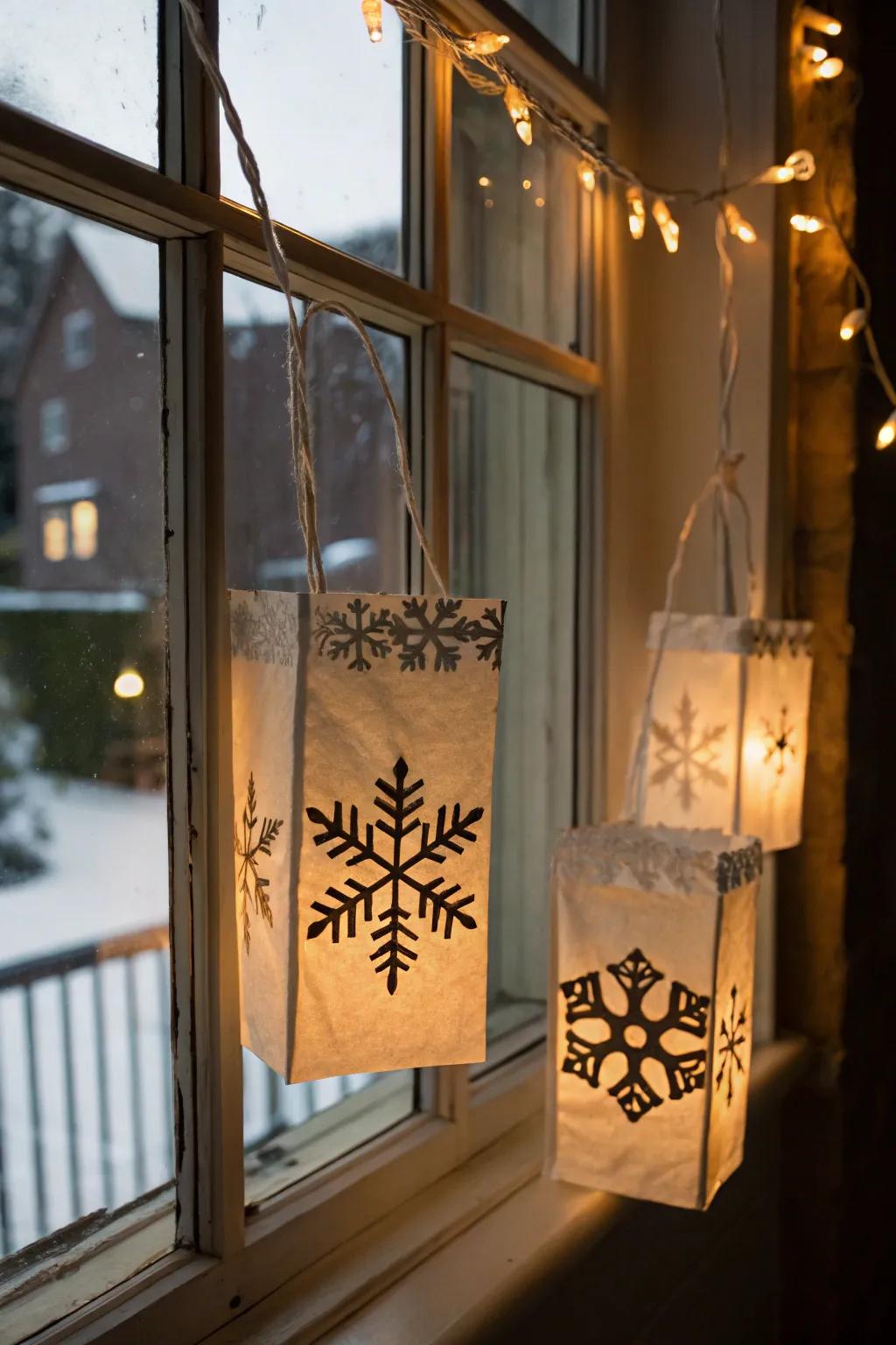 Upcycled paper bag snowflakes add a touch of magic.