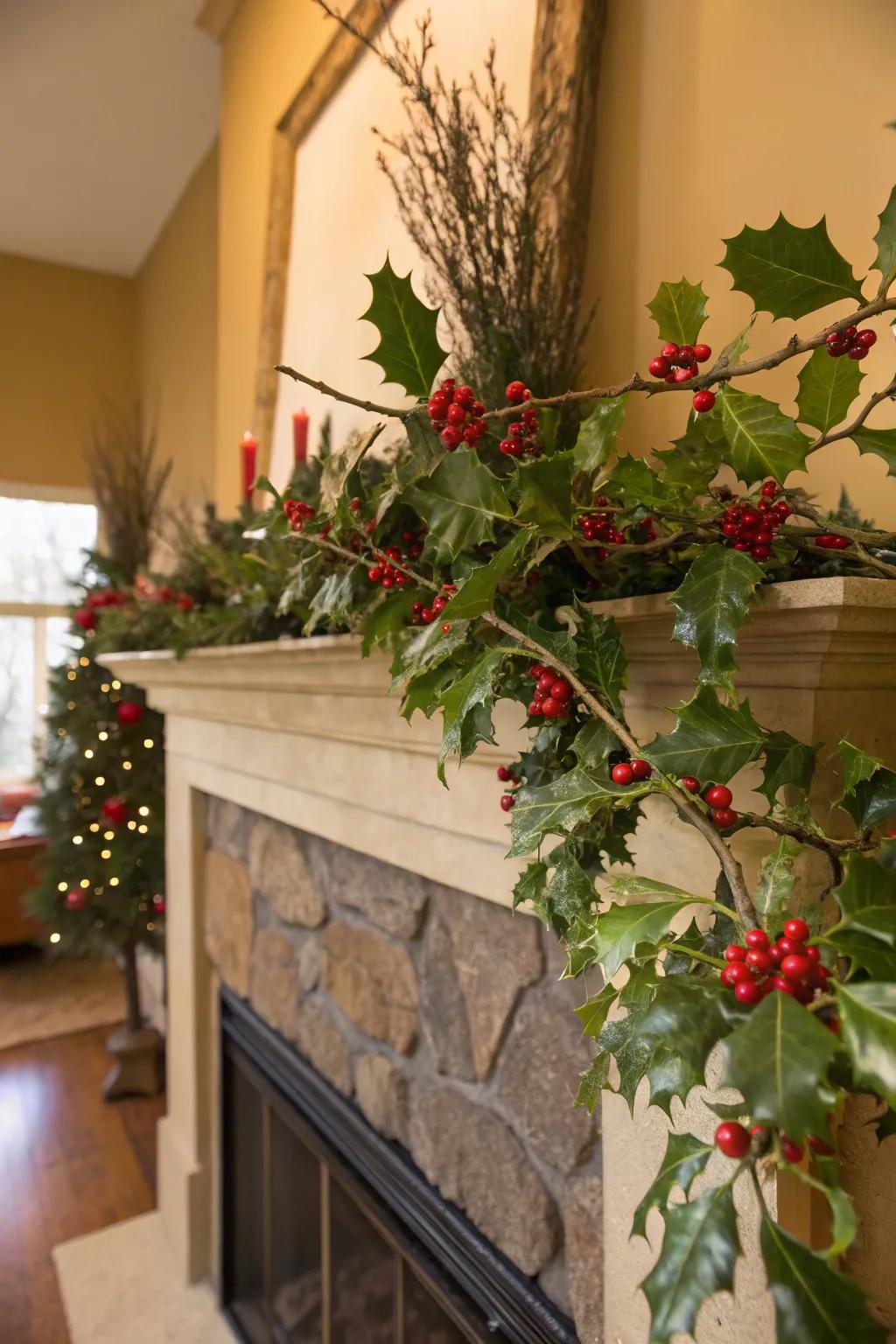 Traditional holly branches add a classic Christmas touch.