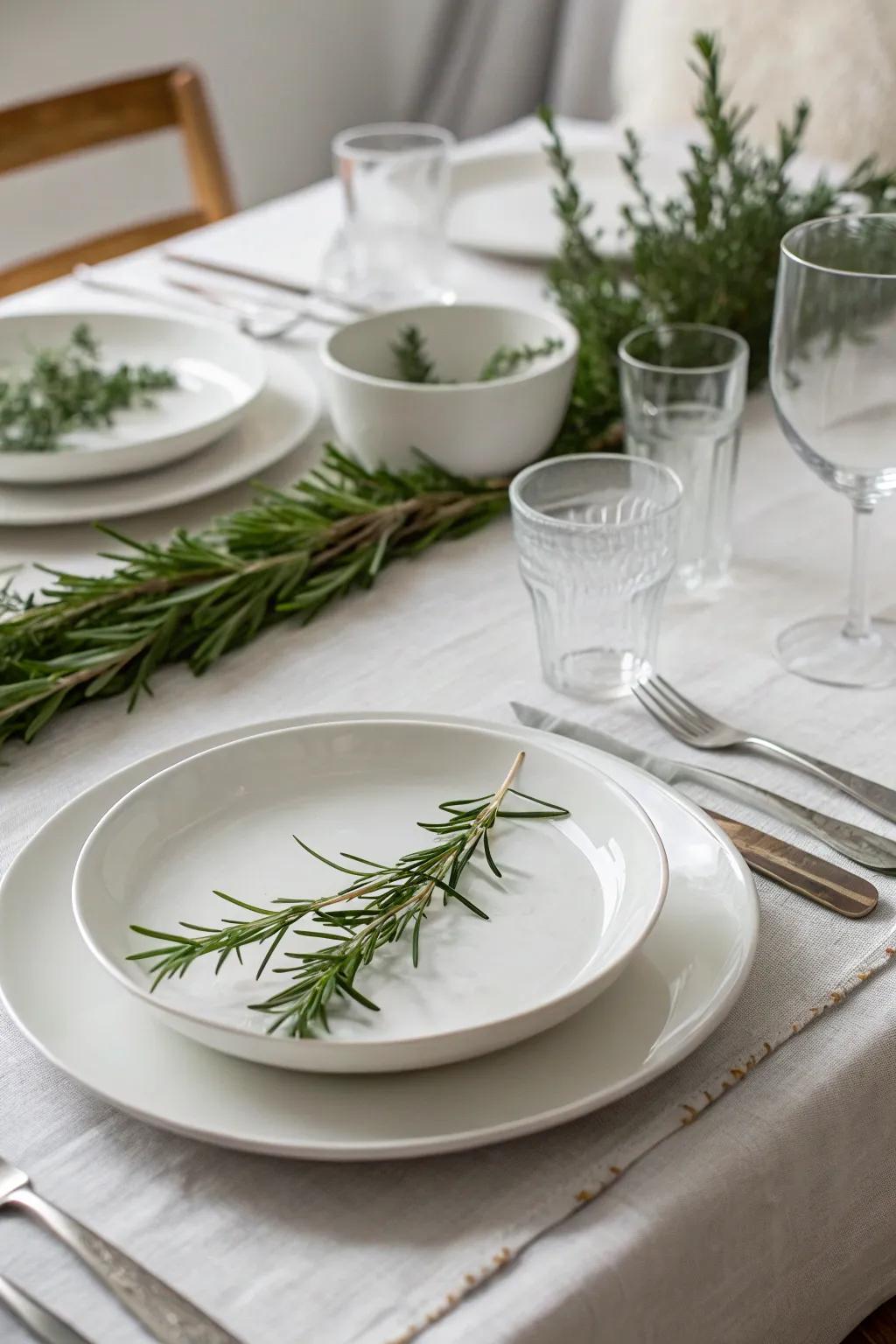 Minimalist table setting with white and green elements.