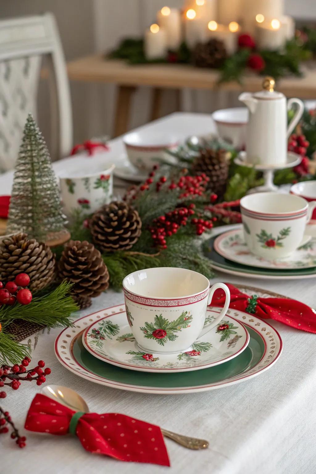 A beautifully set table with fine china and festive touches.