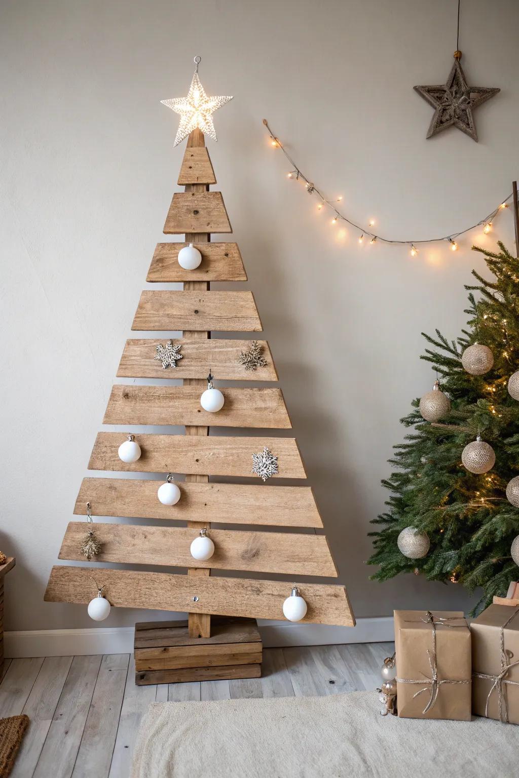 An elegant and eco-friendly Christmas tree crafted from reclaimed wood.