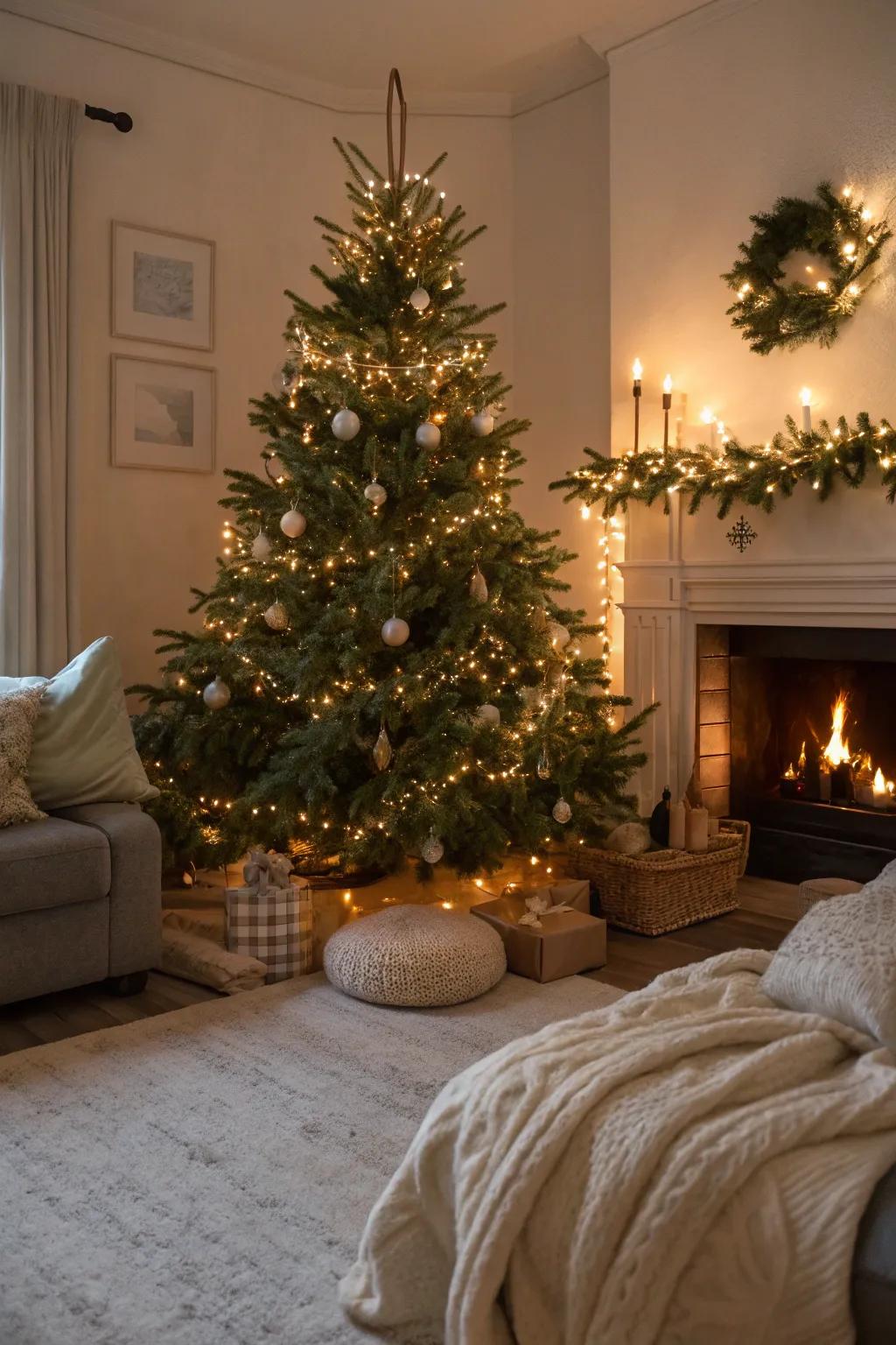 LED fairy lights creating a lush, full look on a Christmas tree.