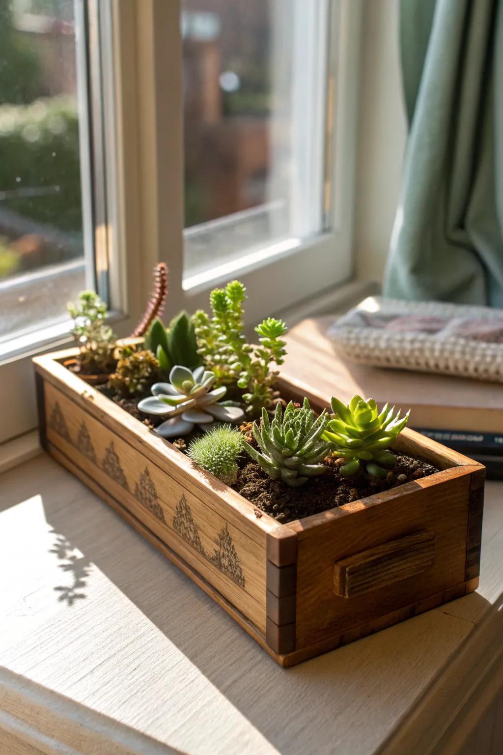 A mini succulent planter from a cigar box brings greenery into your home.