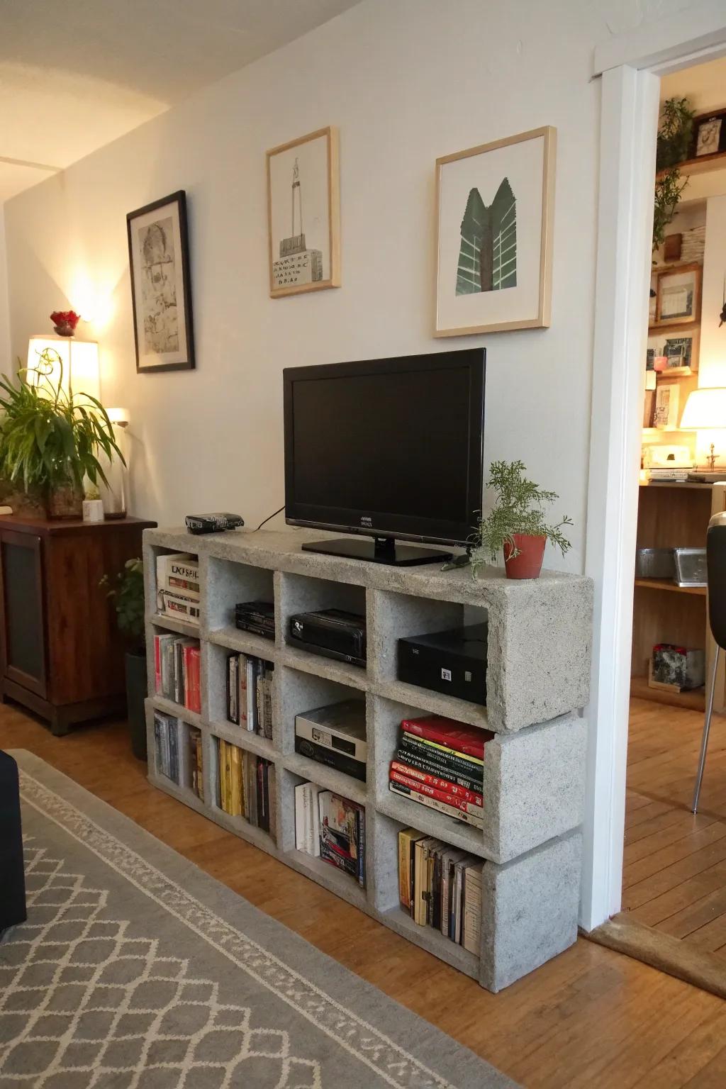 A space-saving cinder block TV stand with built-in bookshelves perfect for studio living.