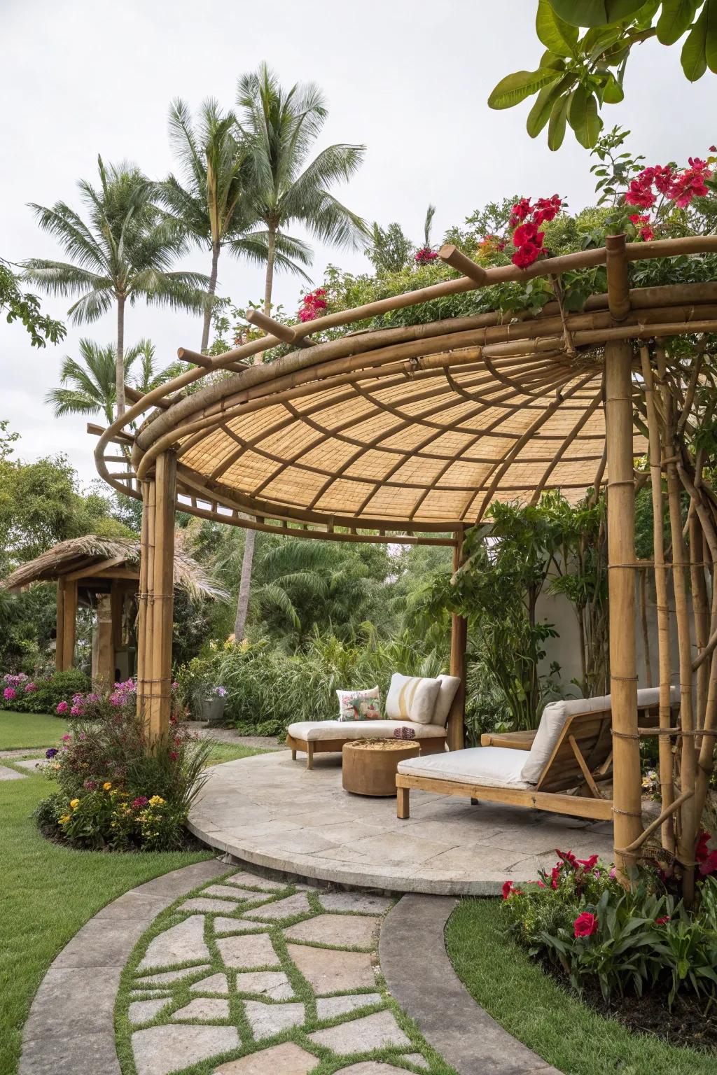 A bamboo pergola creates a tropical paradise in your own backyard.