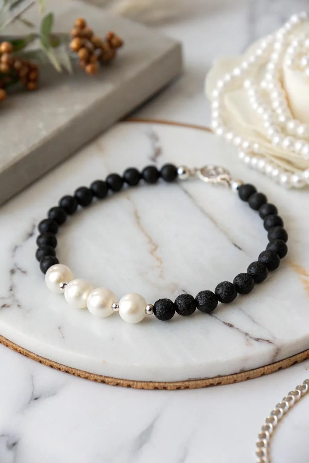 Sleek and stylish with monochrome tones and pearls.