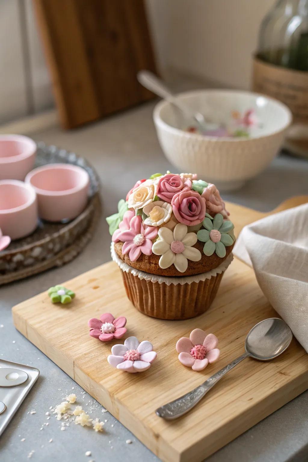 A nature-inspired floral clay cupcake, bringing a touch of the garden indoors.