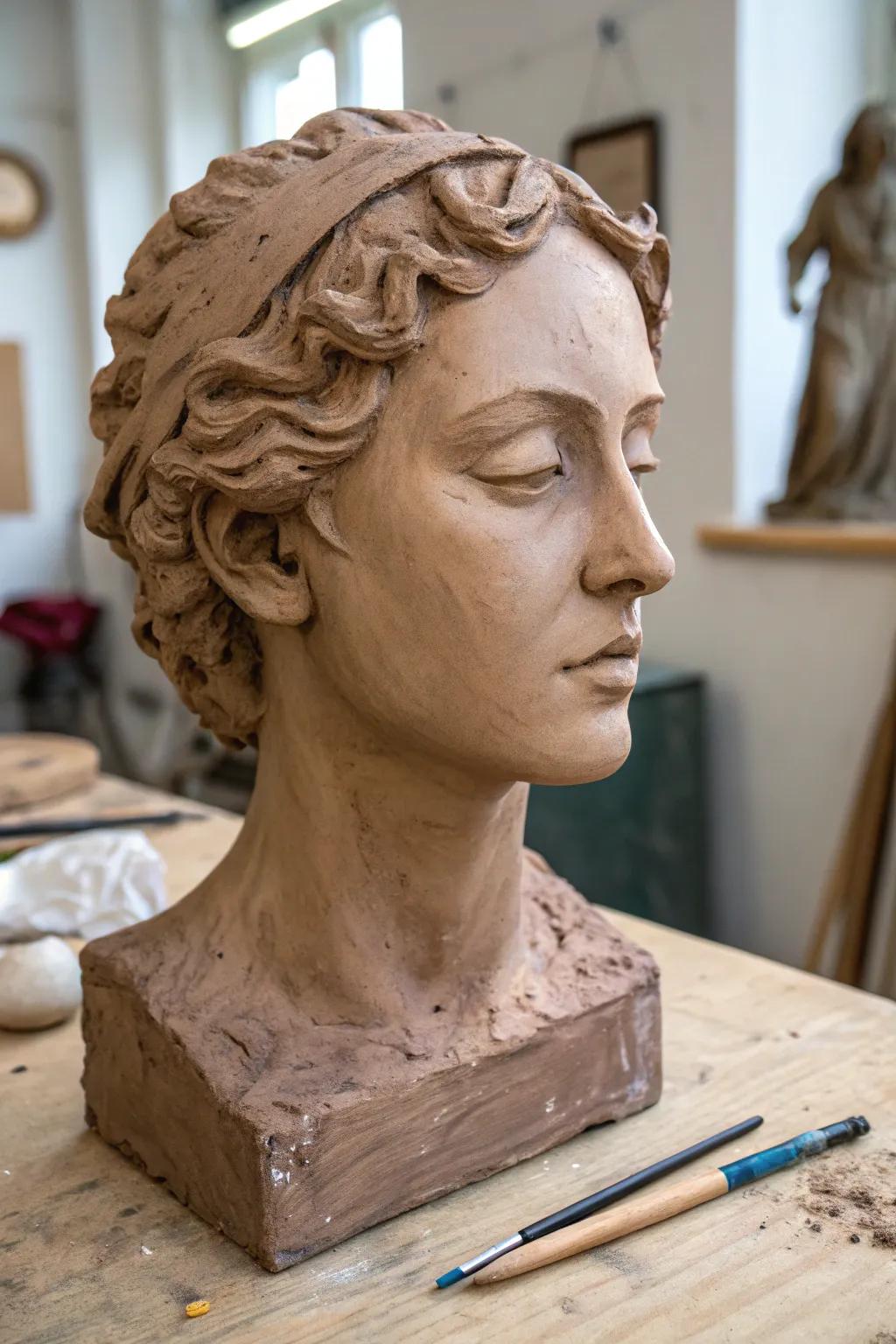 Captivating Craftsmanship: A stunning clay sculpture of a human face that embodies natural beauty and artistic precision.